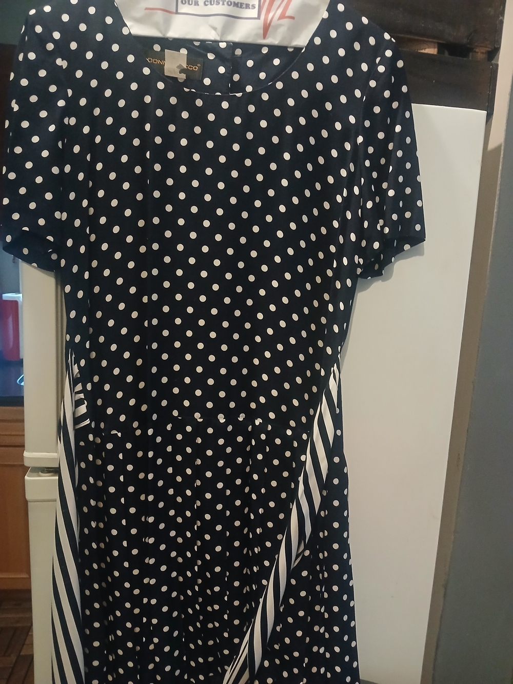 Black and White Polka Dot Dress with Diagonal Stripe Panels By DONNA RICCO